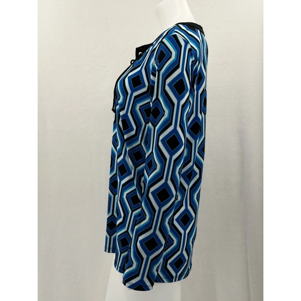 Michael Kors Top Womens Small Blue Geometric Lace Up V-Neck Mod Stretch‎ Office
